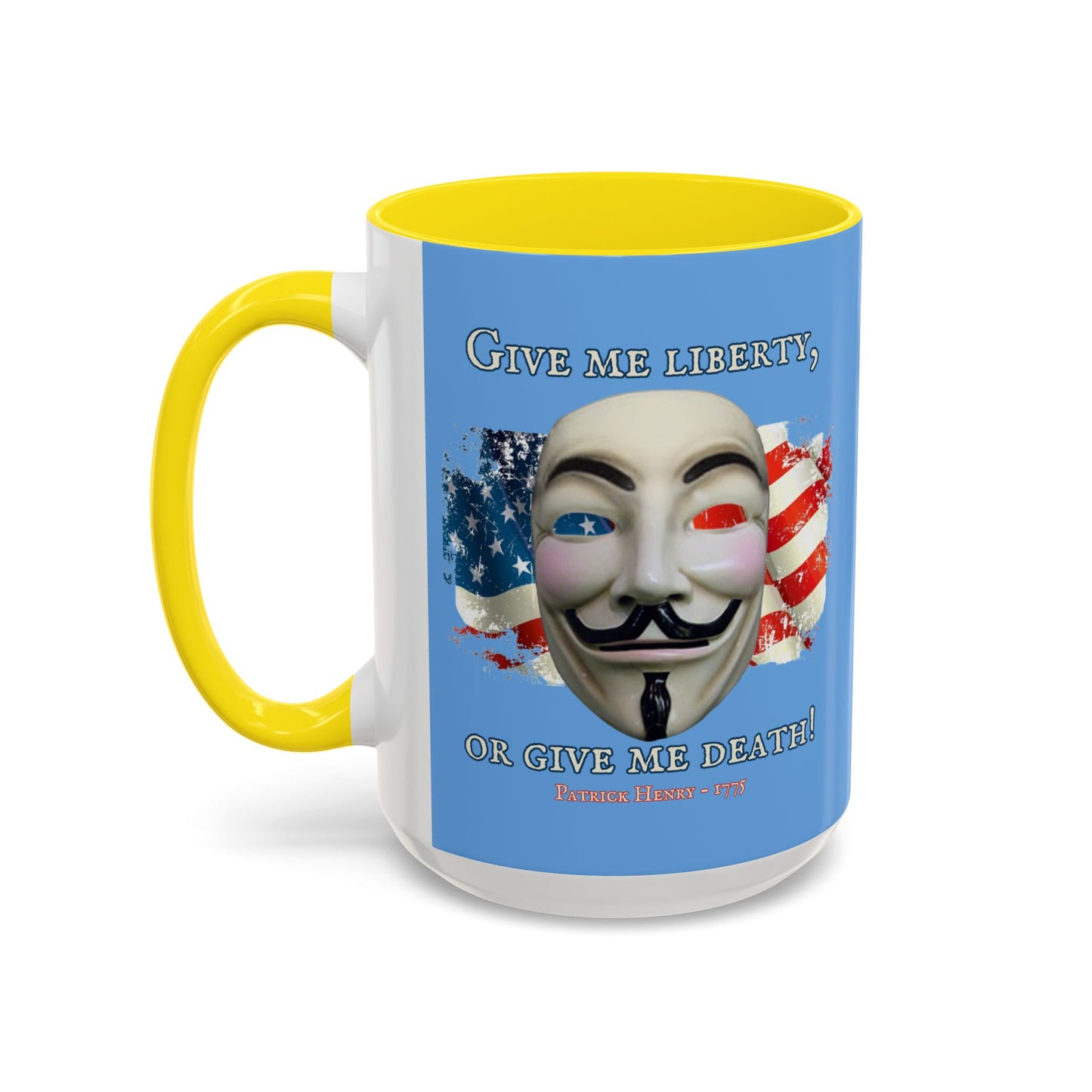 Vendetta, "Give me liberty, or give me death!" Blue Accent Mug by theGreenDragonTavern.shop