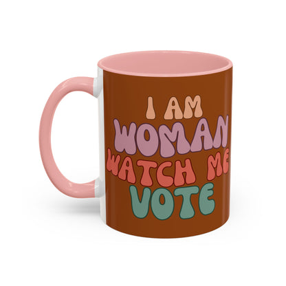 I Am Woman Watch Me Vote Brown Accent Mug by theGreenDragonTavern.shop
