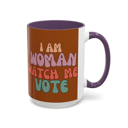 I Am Woman Watch Me Vote Brown Accent Mug by theGreenDragonTavern.shop