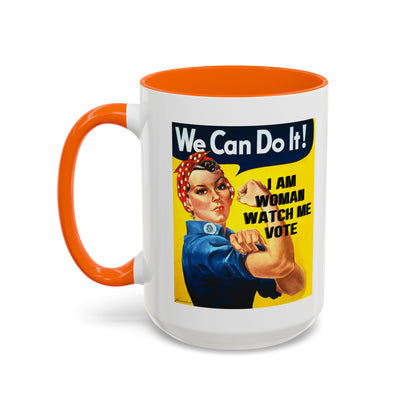 I Am Woman Watch Me Vote Rosie White Accent Mug by theGreenDragonTavern.shop