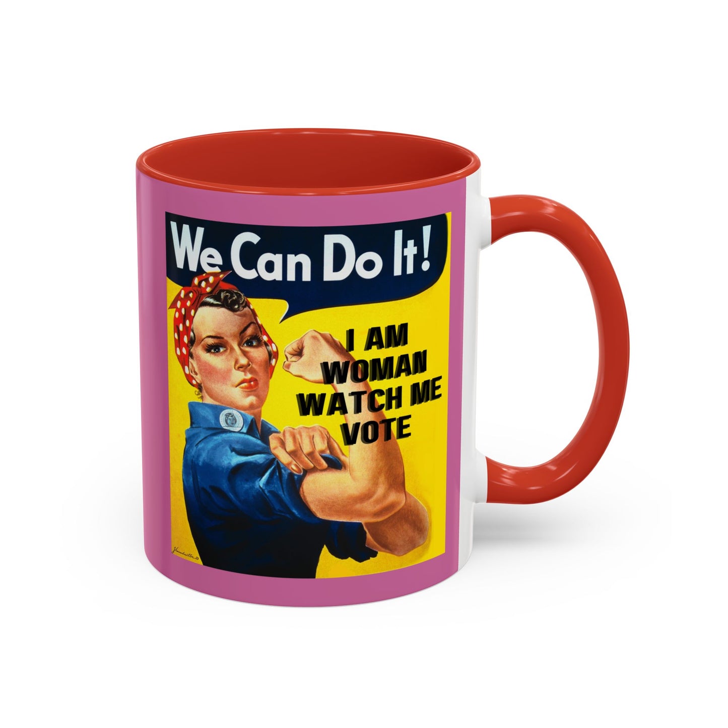 I Am Woman Watch Me Vote Rosie Pink Accent Mug by theGreenDragonTavern.shop