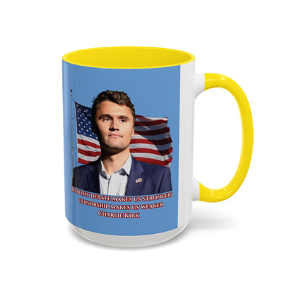 Charlie Kirk, Healthy Debate Light Blue Accent Mug by theGreenDragonTavern.shop