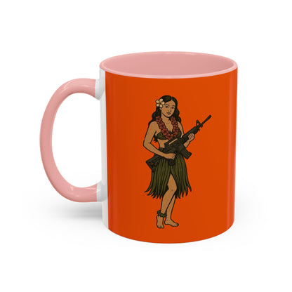 Hula Girl Packin' Heat Orange Accent Mug by theGreenDragonTavern.shop