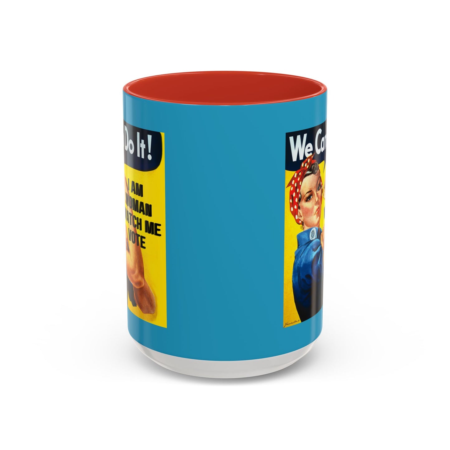 I Am Woman Watch Me Vote Rosie Turquoise Accent Mug by theGreenDragonTavern.shop