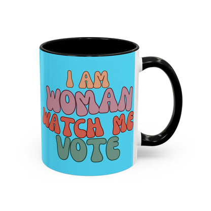 I Am Woman Watch Me Vote Light Blue Accent Mug by theGreenDragonTavern.shop
