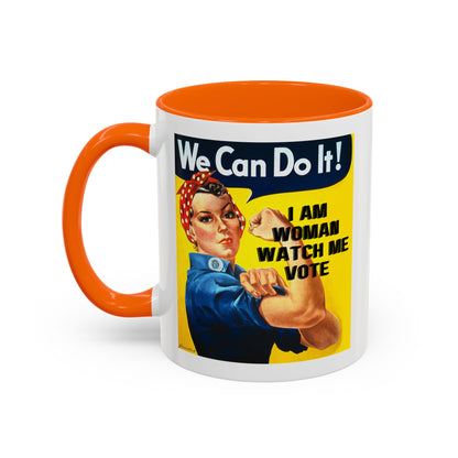 I Am Woman Watch Me Vote Rosie White Accent Mug by theGreenDragonTavern.shop