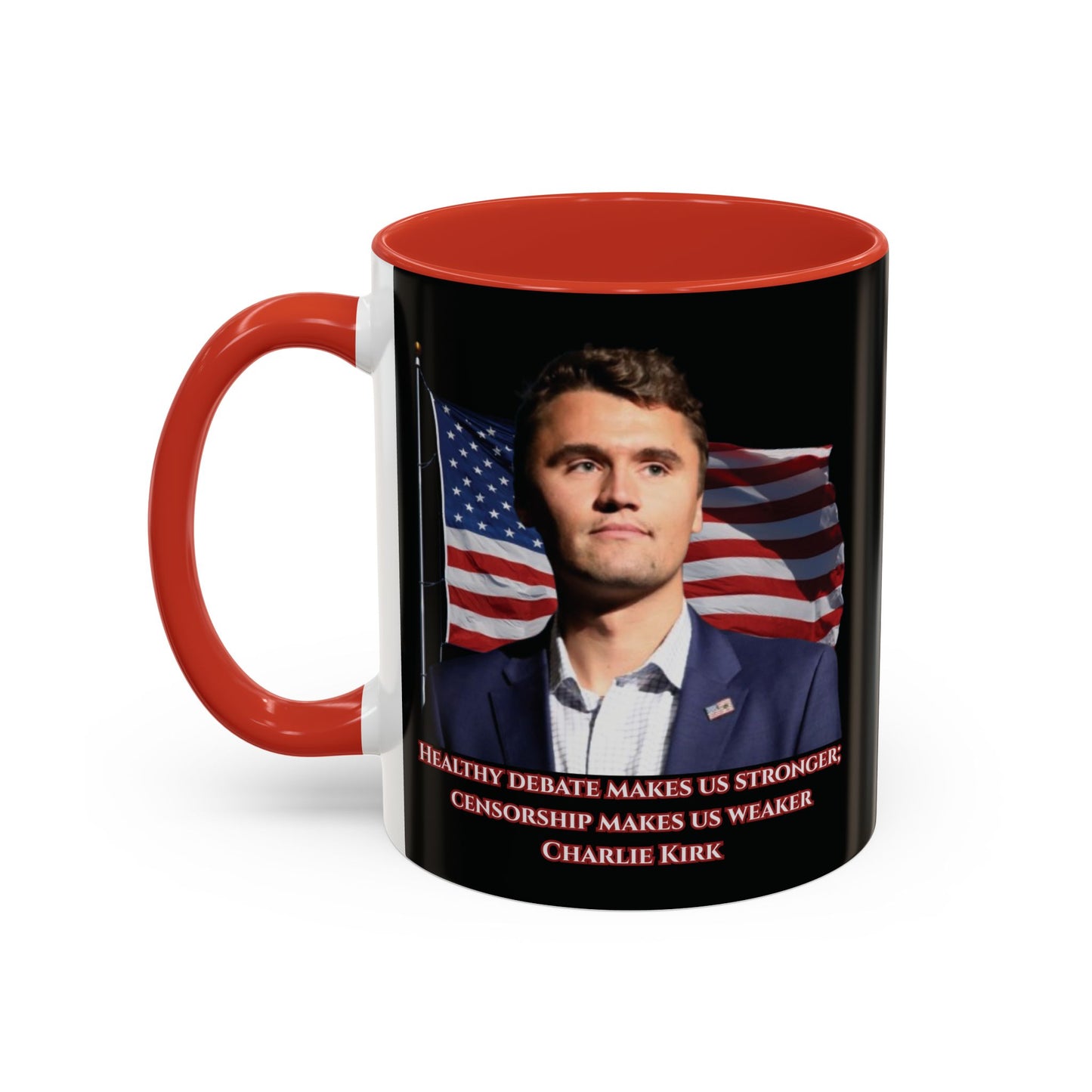 Charlie Kirk, Healthy Debate Black Accent Mug by theGreenDragonTavern.shop