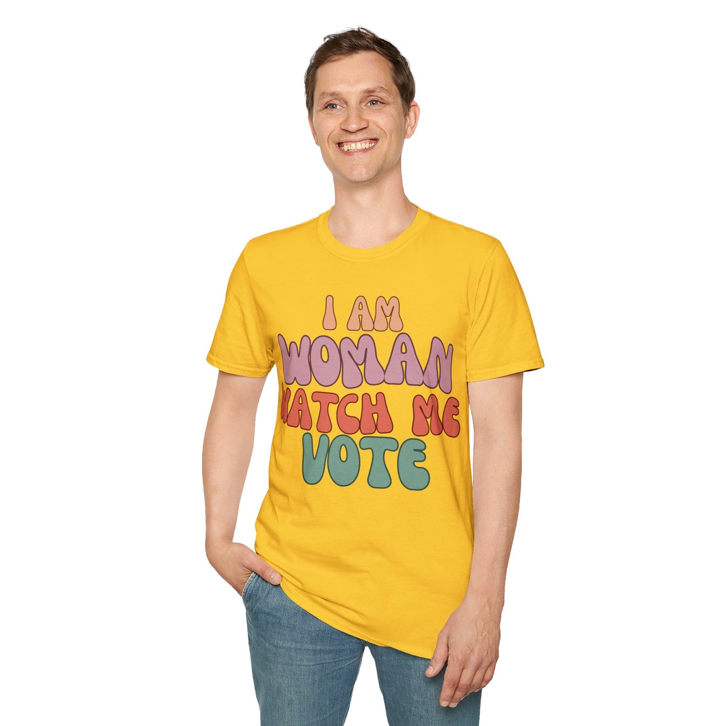 2-sided I Am Woman Watch Me Vote LTcolors Unisex T-Shirt by theGreenDragonTavern.shop