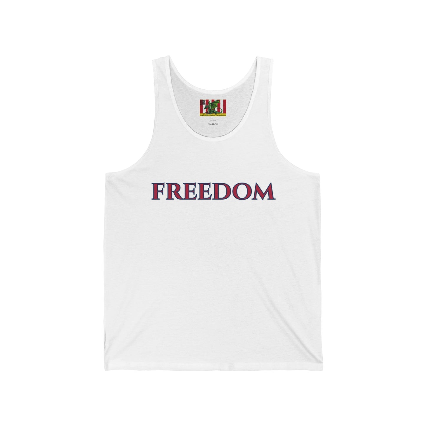 Freedom, Red font Unisex Jersey Tank Top by theGreenDragonTavern.shop