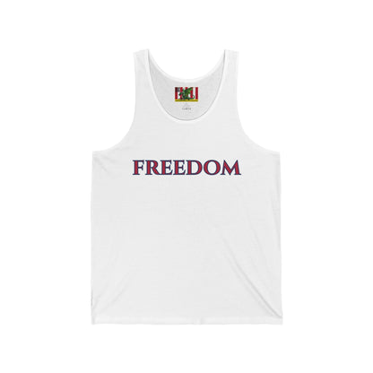 Freedom, Red font Unisex Jersey Tank Top by theGreenDragonTavern.shop
