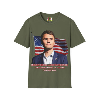 Charlie Kirk, Healthy Debate Dark colors Unisex T-Shirt by theGreenDragonTavern.shop