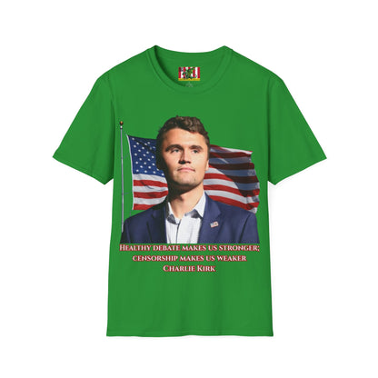 Charlie Kirk, Healthy Debate Dark colors Unisex T-Shirt by theGreenDragonTavern.shop