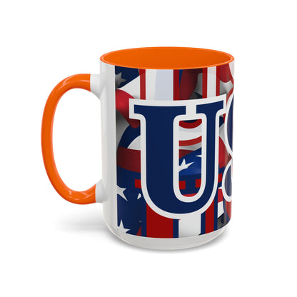 USA! USA! USA Blue font Patriot White Accent Mug by theGreenDragonTavern.shop