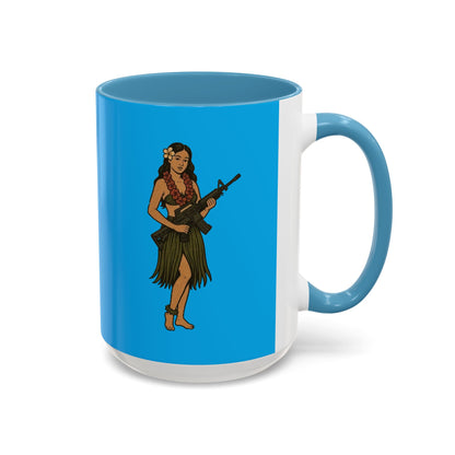 Hula Girl Packin' Heat Light Blue Accent Mug by theGreenDragonTavern.shop