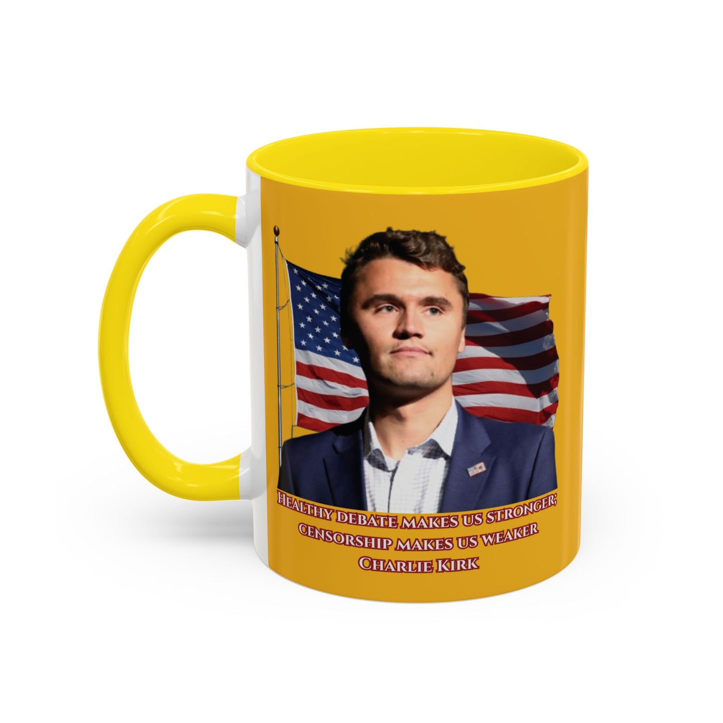 Charlie Kirk, Healthy Debate Yellow Accent Mug by theGreenDragonTavern.shop