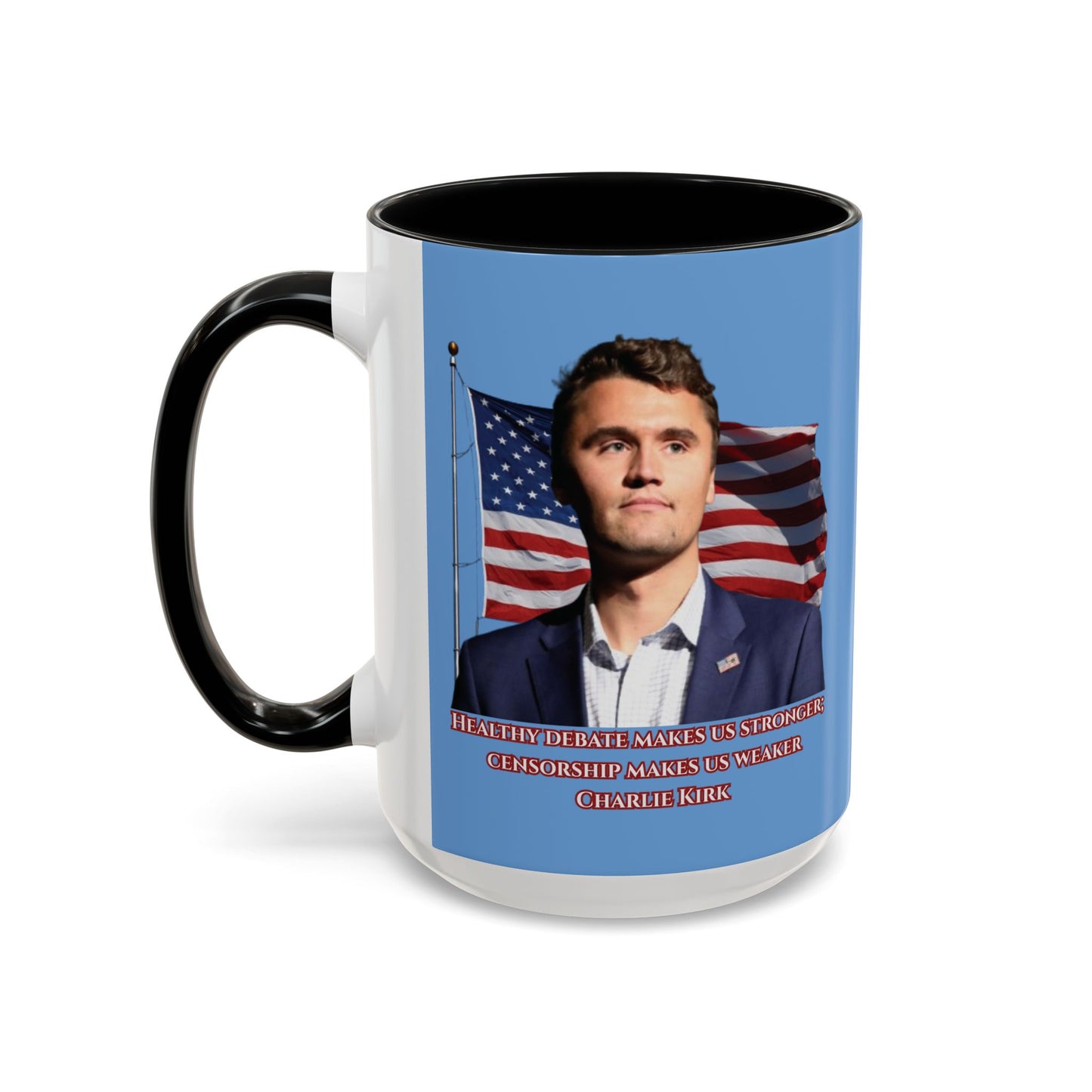 Charlie Kirk, Healthy Debate Light Blue Accent Mug by theGreenDragonTavern.shop