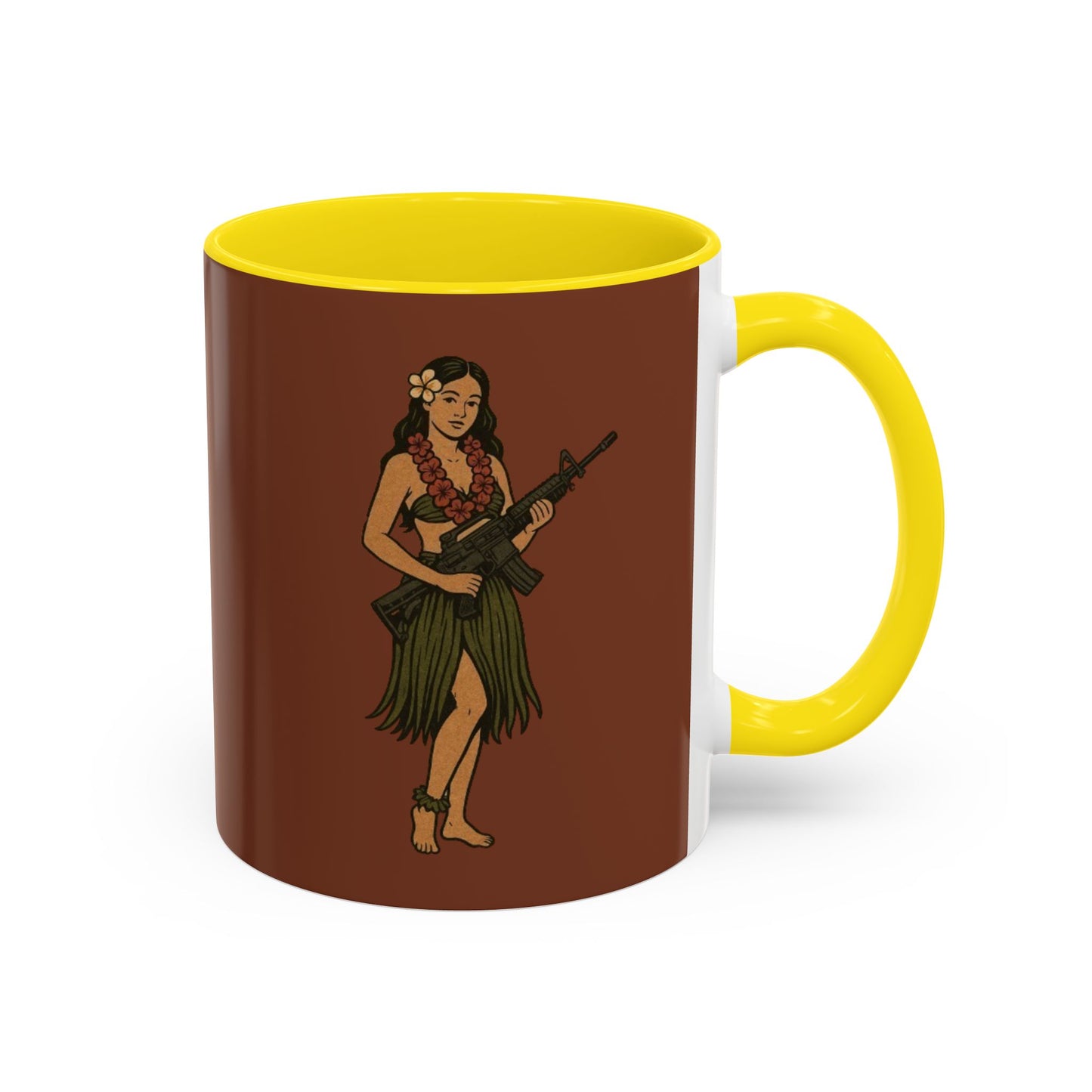 Hula Girl Packin' Heat Brown Accent Mug by theGreenDragonTavern.shop