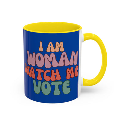I Am Woman Watch Me Vote Dark Blue Accent Mug by theGreenDragonTavern.shop