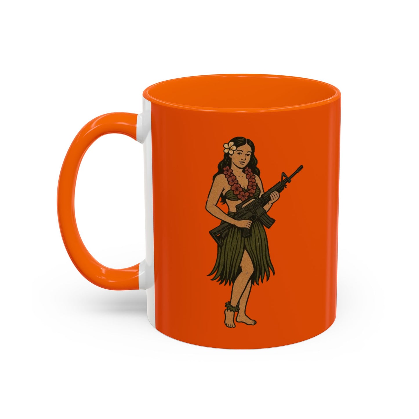 Hula Girl Packin' Heat Orange Accent Mug by theGreenDragonTavern.shop