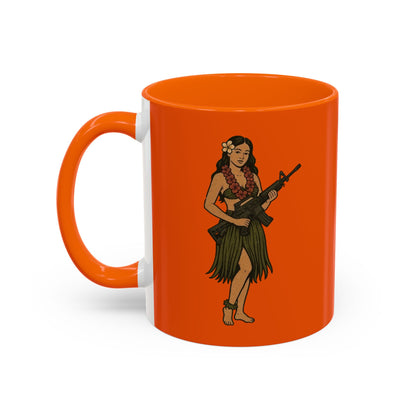 Hula Girl Packin' Heat Orange Accent Mug by theGreenDragonTavern.shop