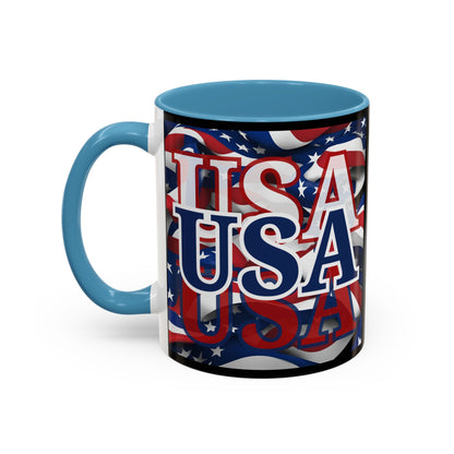 USA Blue font Center Patriot Black Accent Mug by theGreenDragonTavern.shop