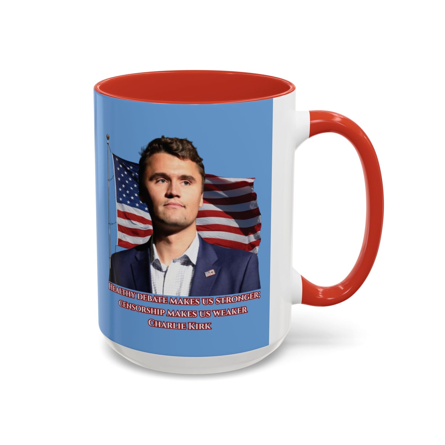 Charlie Kirk, Healthy Debate Light Blue Accent Mug by theGreenDragonTavern.shop