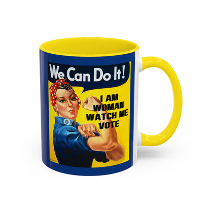 I Am Woman Watch Me Vote Rosie Dark Blue Accent Mug by theGreenDragonTavern.shop