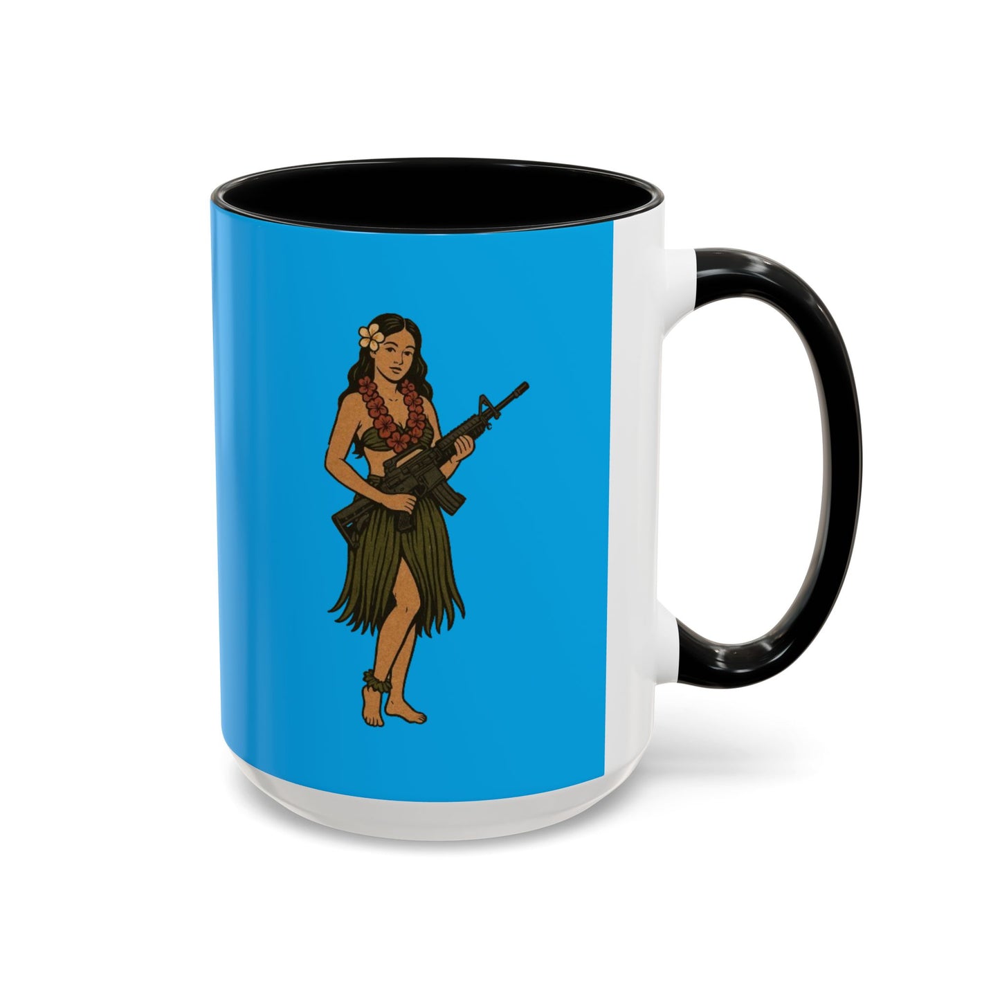 Hula Girl Packin' Heat Light Blue Accent Mug by theGreenDragonTavern.shop