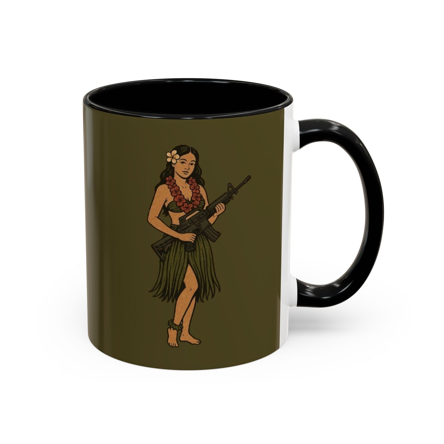 Hula Girl Packin' Heat Dark Green Accent Mug by theGreenDragonTavern.shop