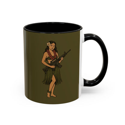 Hula Girl Packin' Heat Dark Green Accent Mug by theGreenDragonTavern.shop