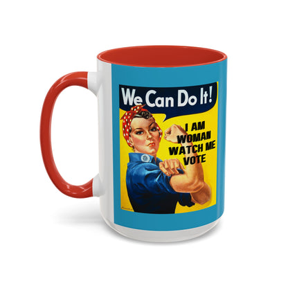 I Am Woman Watch Me Vote Rosie Turquoise Accent Mug by theGreenDragonTavern.shop