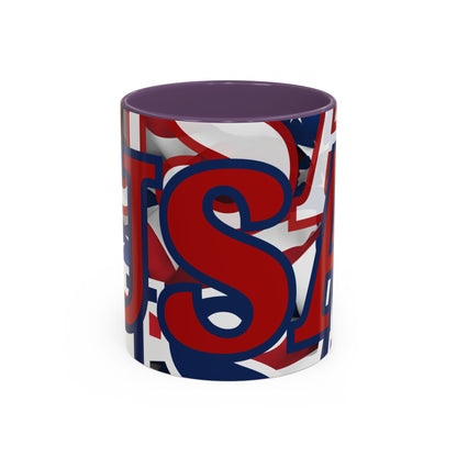 USA! USA! USA Red font Patriot Blue Accent Mug by theGreenDragonTavern.shop