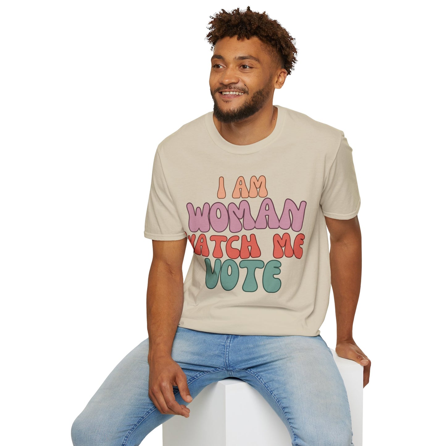 2-sided, I Am Woman Watch Me Vote Light colors Unisex T-Shirt by theGreenDragonTavern.shop