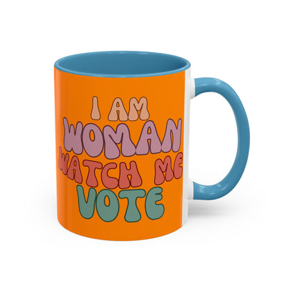I Am Woman Watch Me Vote Orange Accent Mug by theGreenDragonTavern.shop
