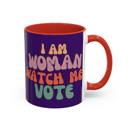 I Am Woman Watch Me Vote Dark Purple Accent Mug by theGreenDragonTavern.shop