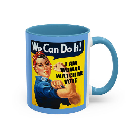 I Am Woman Watch Me Vote Rosie Light Blue Accent Mug by theGreenDragonTavern.shop