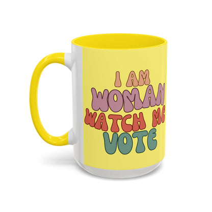 I Am Woman Watch Me Vote Yellow Accent Mug by theGreenDragonTavern.shop