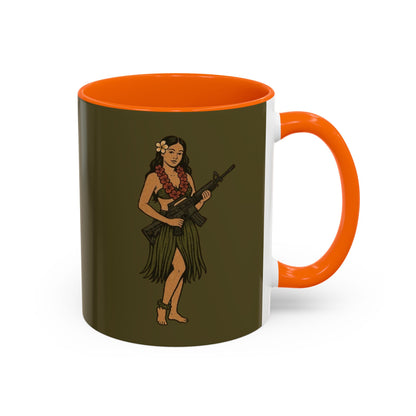 Hula Girl Packin' Heat Dark Green Accent Mug by theGreenDragonTavern.shop