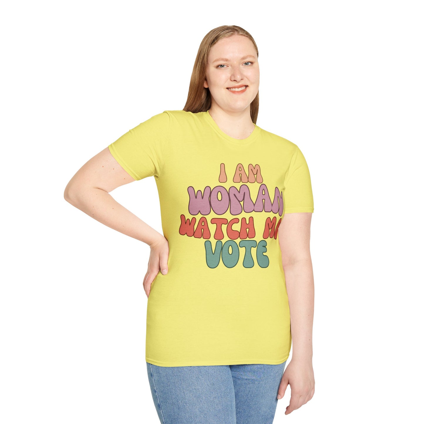 2-sided, I Am Woman Watch Me Vote Light colors Unisex T-Shirt by theGreenDragonTavern.shop