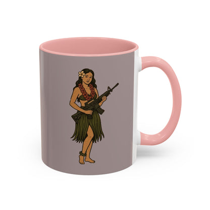 Hula Girl Packin' Heat Grey Accent Mug by theGreenDragonTavern.shop