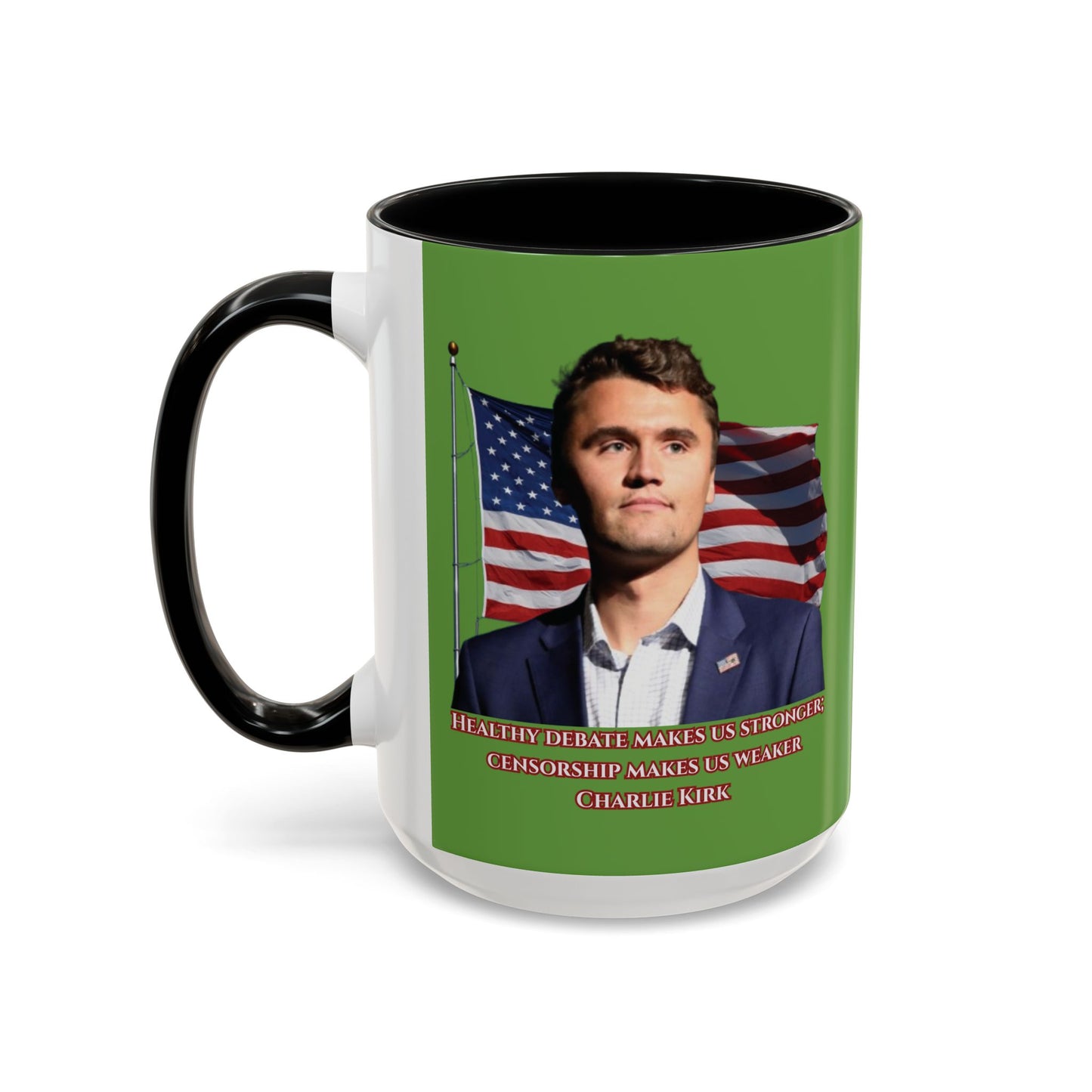 Charlie Kirk, Healthy Debate Green Accent Mug by theGreenDragonTavern.shop