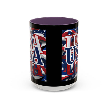 USA Blue font Center Patriot Black Accent Mug by theGreenDragonTavern.shop