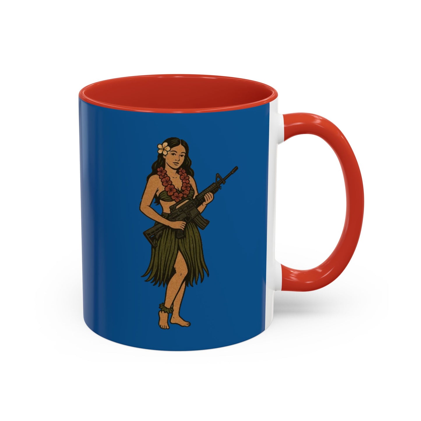 Hula Girl Packin' Heat Dark Blue Accent Mug by theGreenDragonTavern.shop