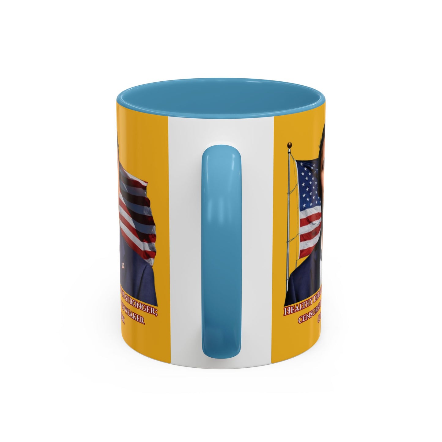 Charlie Kirk, Healthy Debate Yellow Accent Mug by theGreenDragonTavern.shop