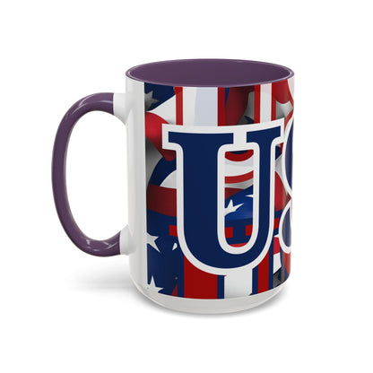 USA! USA! USA Blue font Patriot White Accent Mug by theGreenDragonTavern.shop