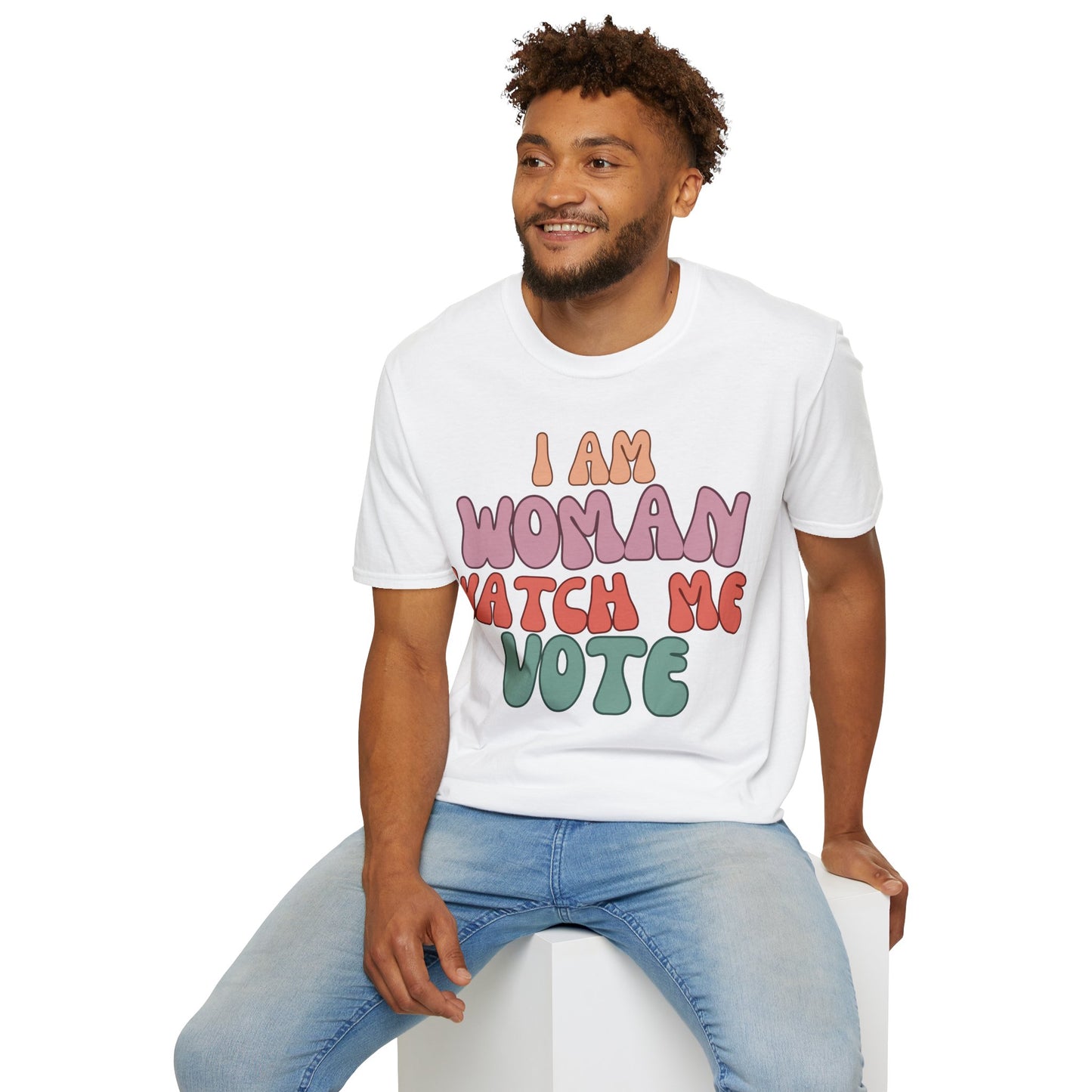 2-sided, I Am Woman Watch Me Vote Light colors Unisex T-Shirt by theGreenDragonTavern.shop