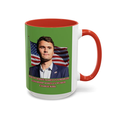 Charlie Kirk, Healthy Debate Green Accent Mug by theGreenDragonTavern.shop