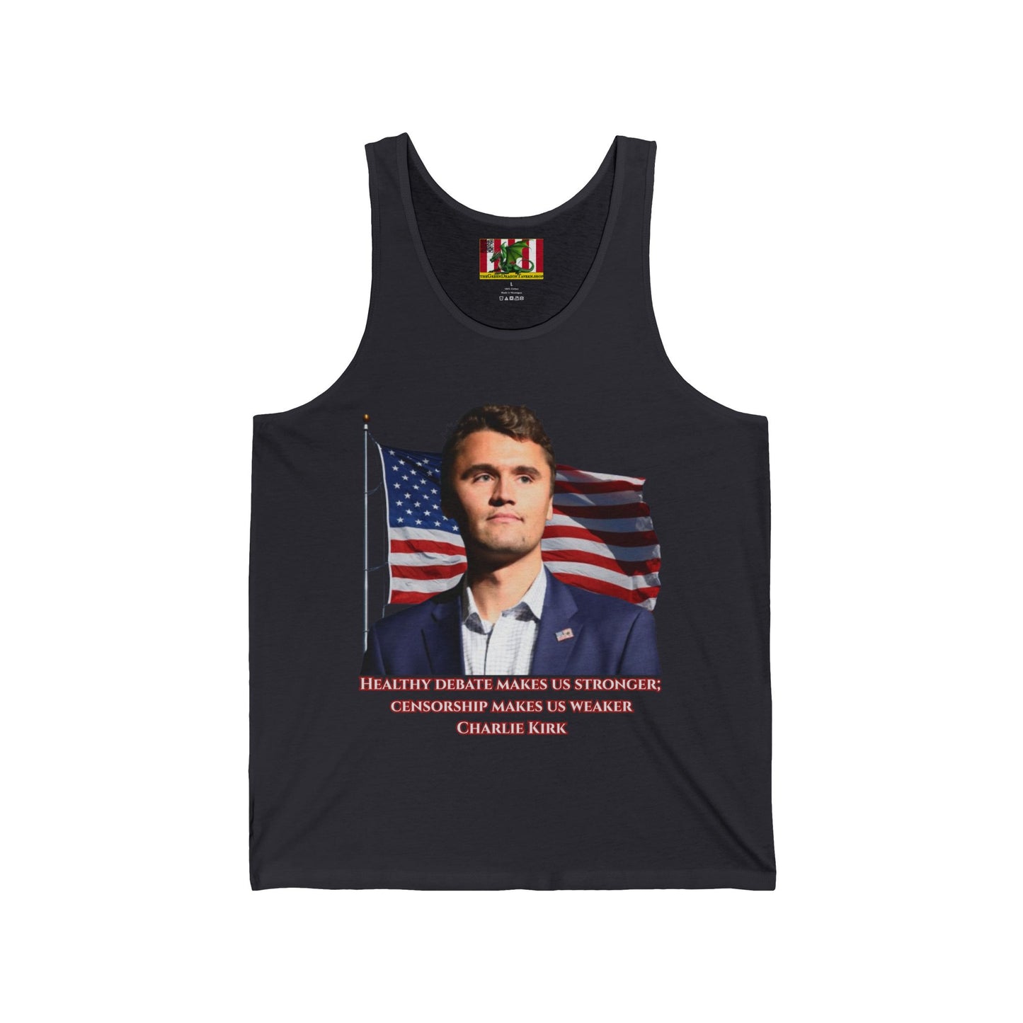 Charlie Kirk, Healthy Debate Unisex Jersey Tank Top by theGreenDragonTavern.shop