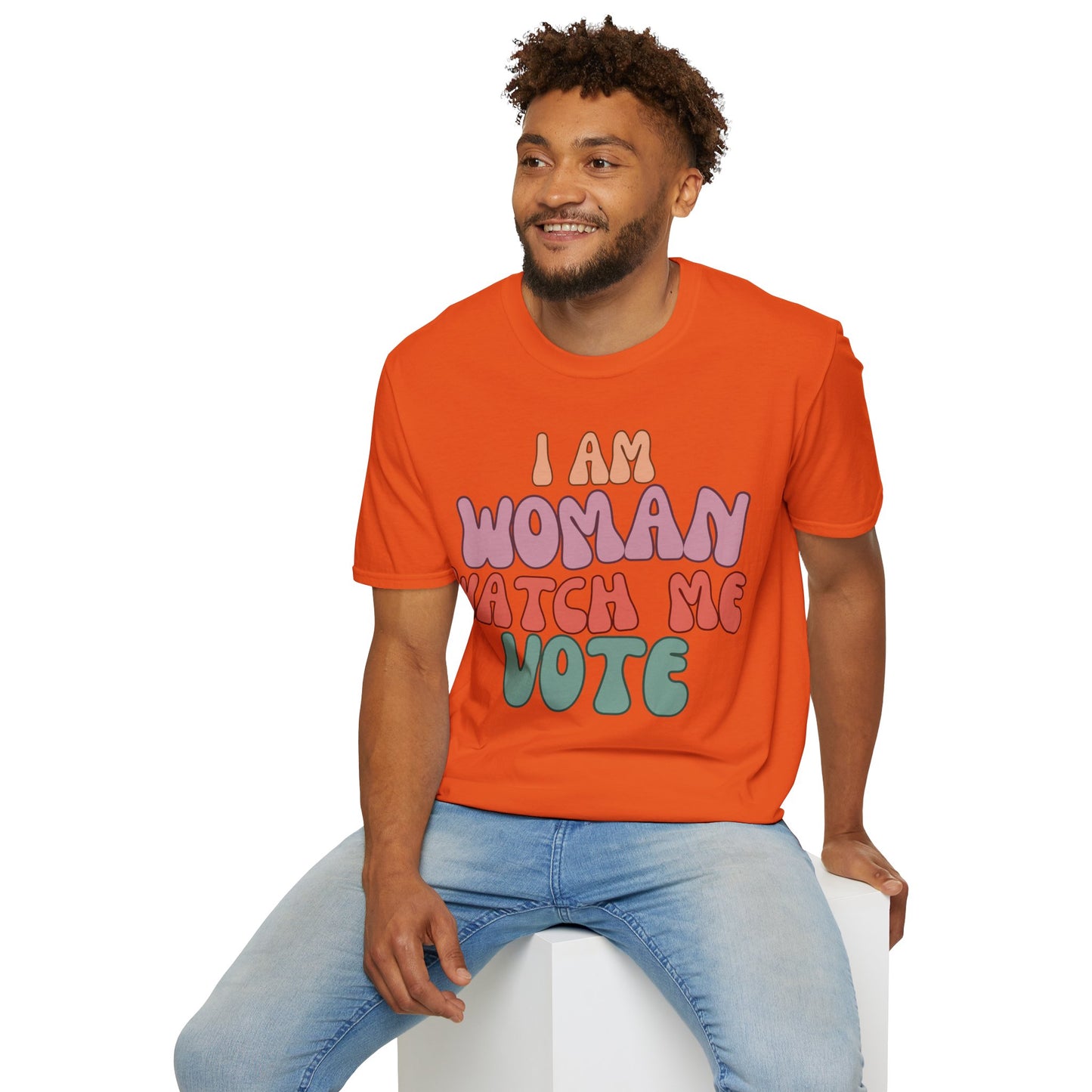 2-sided, I Am Woman Watch Me Vote Light colors Unisex T-Shirt by theGreenDragonTavern.shop