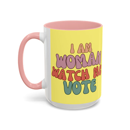 I Am Woman Watch Me Vote Yellow Accent Mug by theGreenDragonTavern.shop